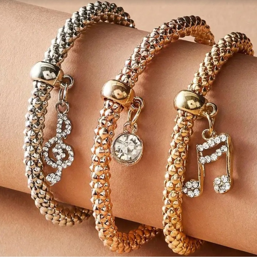 New, Set of 3 multi metal, whimsical stretchy bracelets. Choose Owls or Music.